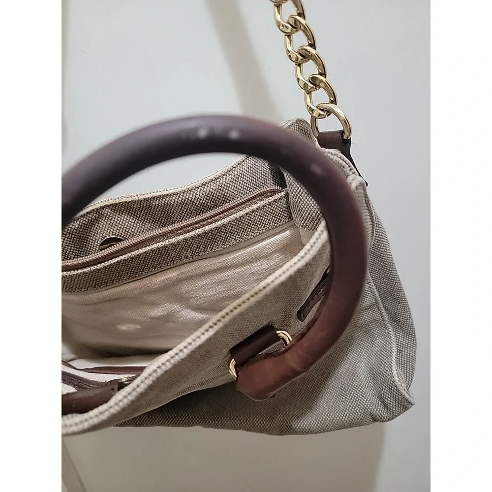Michael Kors Hamilton Tan Leather Trim Canvas Shoulder Hand Bag Gold Chain